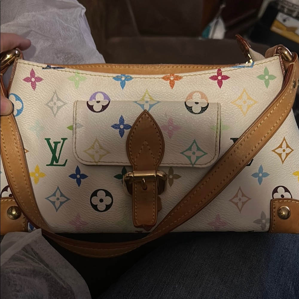 Louis Vuitton Multicolor Monogram White Canvas Shoulder Bag with Tan Leather